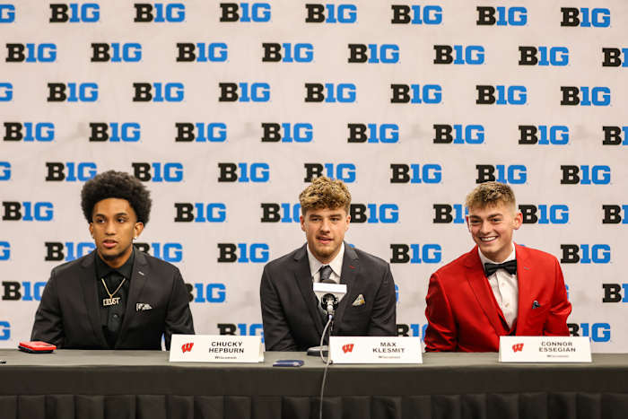 Oct 10, 2023; Minneapolis, MN, USA; Wisconsin Basgers players Chucky Hepburn, Max Klesmit and Connor Essegian speak to the media during the Big Ten basketball media days at Target Center. Mandatory Credit: Matt Krohn-USA TODAY Sports